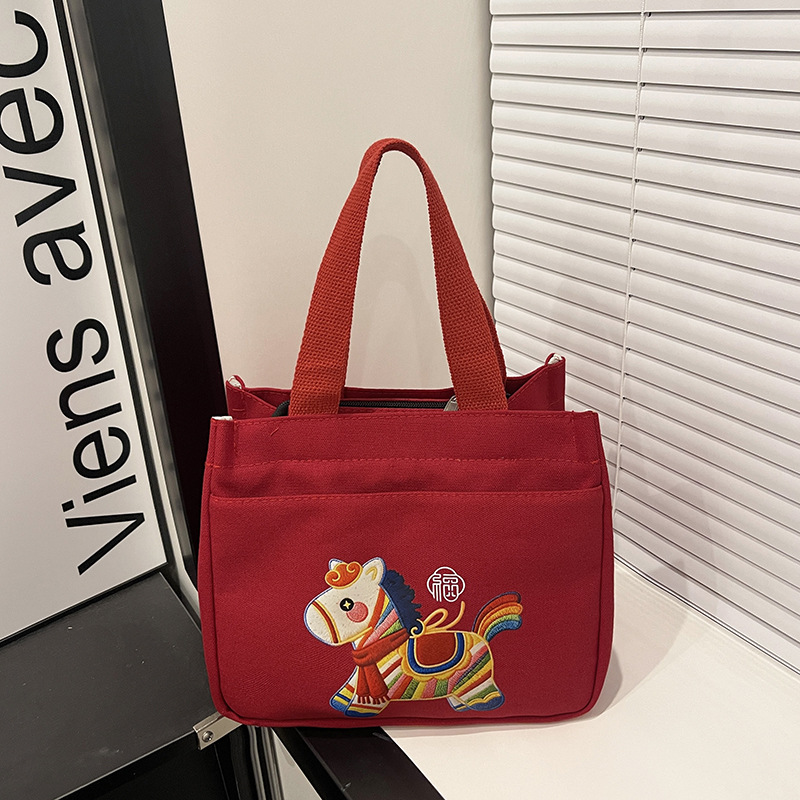 2026新款小马新年手提包跨境潮流休闲单肩包个性印花帆布包批发