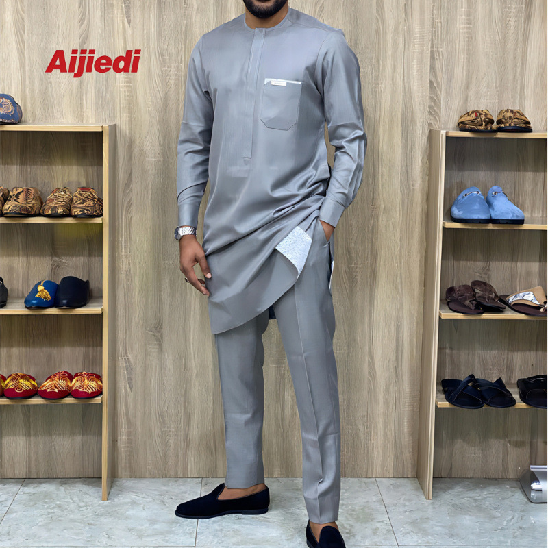 Solid Color 2 Wedding Suit Round Neck New Men's Suit Set Holiday Long Sleeve African Ethnic Style Men's Pants Solid Color 2 Wedding Suit Round Neck New Men's Suit Set Holiday Long Sleeve African Ethnic Style Men's Pants