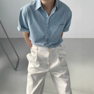 批发新款夏季简约纯色百搭半袖cleanfit宽松休闲牛仔短袖衬衫男潮