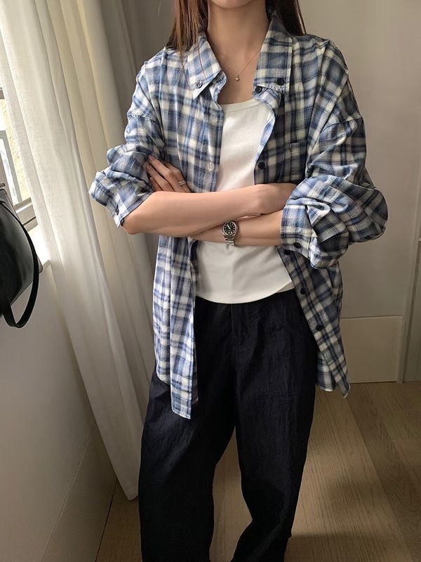25早秋韩系慵懒风氛围感简约格子衬衫女宽松休闲百搭上衣外套ZH1|undefined