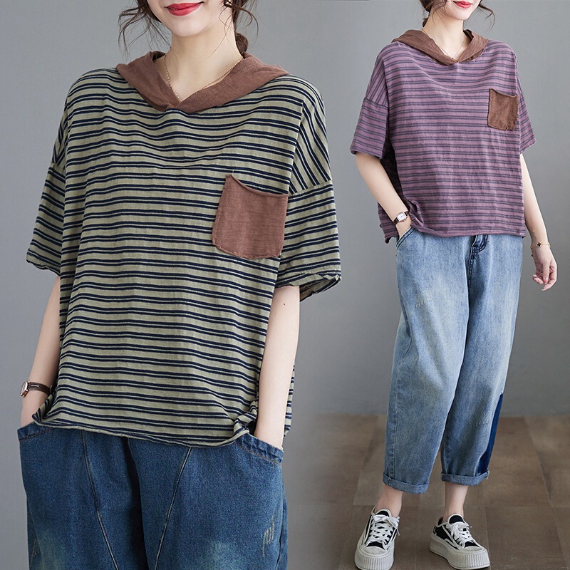 Hooded color matching striped short-sleeved T-shirt for women 2024 Summer chubby girl plus size slimming loose casual pullover top
