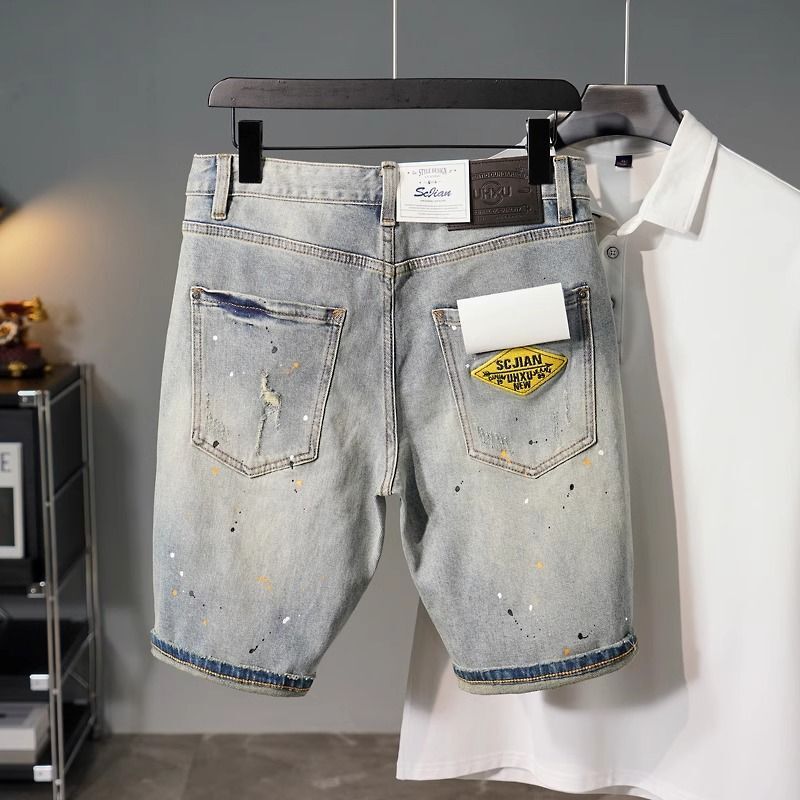 Summer Splatter Denim Shorts for Men, Light-Colored Ripped Mid-Length Pants, High-End Design, Handsome Trendy Brand Embroidered Quarter Pants Summer Splatter Denim Shorts for Men, Light-Colored Ripped Mid-Length Pants, High-End Design, Handsome Trendy Brand Embroidered Quarter Pants