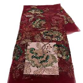 高档彩色珠管绣串珠亮片面料晚礼服婚纱高定礼服蕾丝网纱布料lace