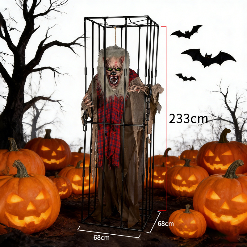 Halloween gran jaula fantasma hombre lobo horror fantasma brillante sonido eléctrico decoración de patio al aire libre sensación de temblor