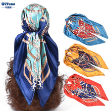 秋季新款皇冠链条印花色丁大方巾丝巾批发时尚欧美仿真丝围巾