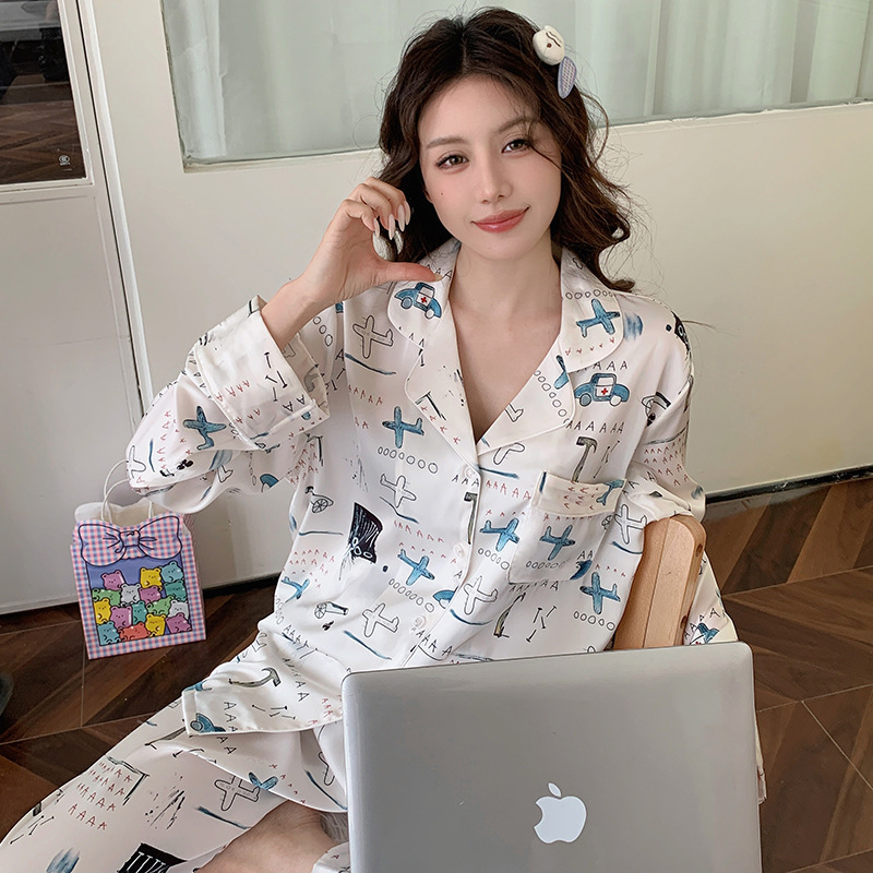 2025 Spring and Autumn New Pajamas Women's Cute Cartoon Plane Print Girl's Summer Silk Korean Style Home Clothes