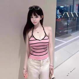 17-6848纯欲风挂脖条纹吊带背心女夏季性感辣妹个性时髦百搭上衣