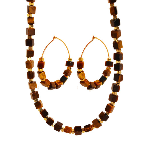 Niche design natural square tiger eye stone bead necklace and earrings set women's Maillard beaded earrings 435