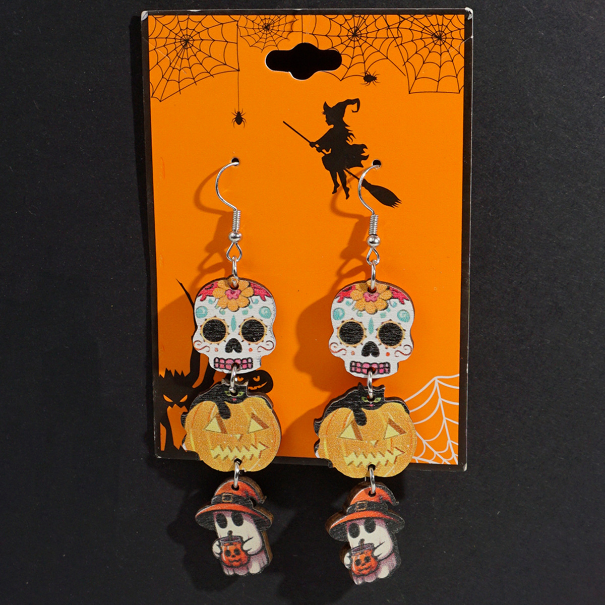 7g Weight Iron Ear Needle Material Drop Earrings Classification 1 Pair Quantity Daily, Festival Occasion Wood Material Halloween Festival Pumpkin, Letter, Ghost Pattern Women's Gender Funny, Simple Style Style 1 Pair Halloween Funny Simple Style Pumpkin Letter Ghost Wood Drop Earrings 13