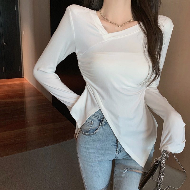 Pure hot girl irregular drawstring long-sleeved T-shirt women's design sense niche slim bottoming shirt inner chic top