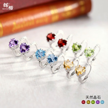 s925纯银爱心天然水晶石耳环女设计感排钻耳圈轻奢ins气质耳饰品