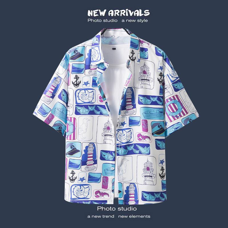 Camisas de manga corta estilo Hong Kong para hombres y mujeres, camisas florales de manga tres cuartos holgadas y delgadas de verano para playa hawaiana