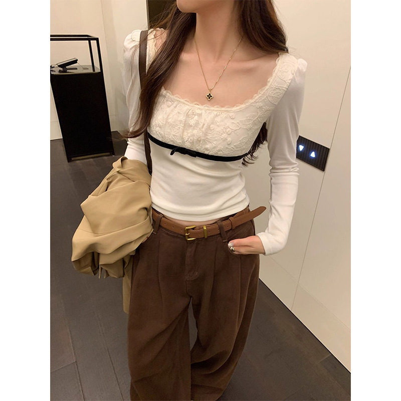 40支260克随心裁1*1 韩系蕾丝花边方领长袖T恤女2025新款秋冬上衣