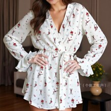跨境欧美女士浴袍樱桃家居服睡衣印花睡袍系带三件套长款v领工厂