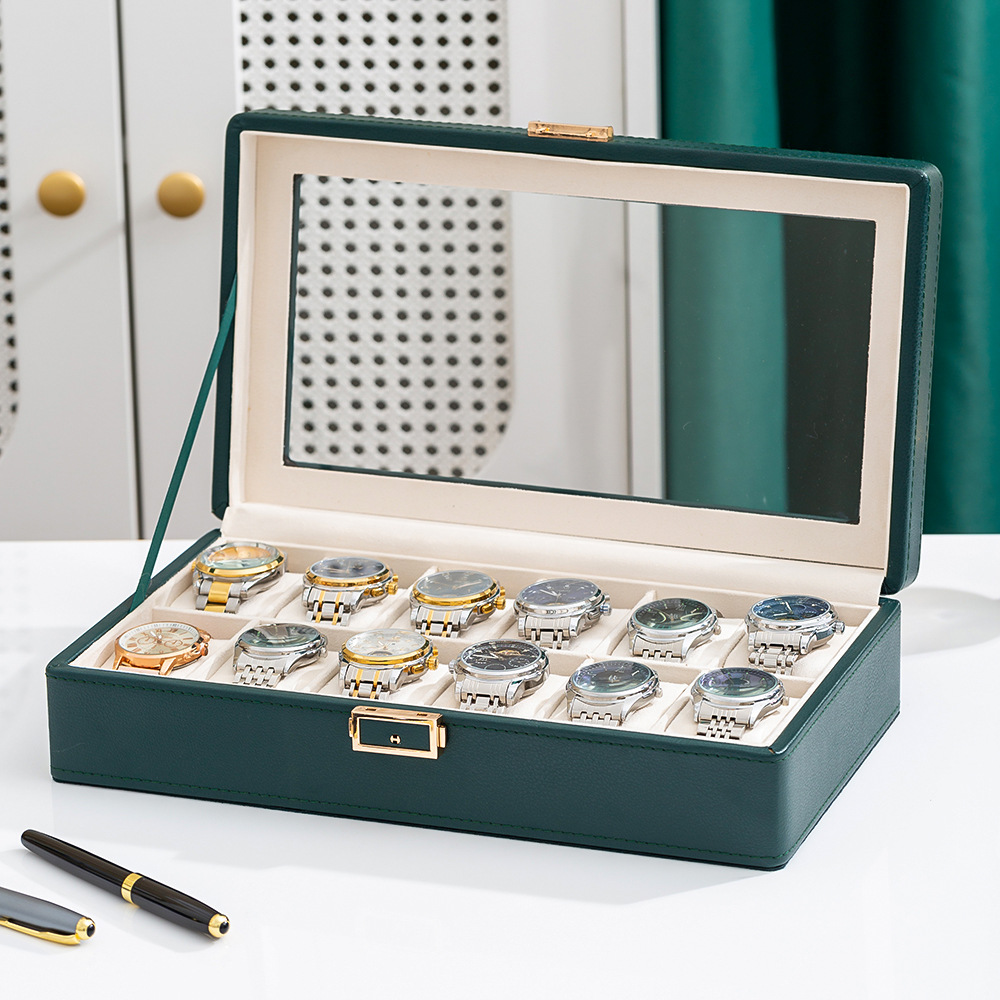 Caja de reloj de gama alta con patrón de lichi nuevo negro y verde 3 dígitos 6 dígitos 12 dígitos reloj de doble capa caja de almacenamiento de joyas