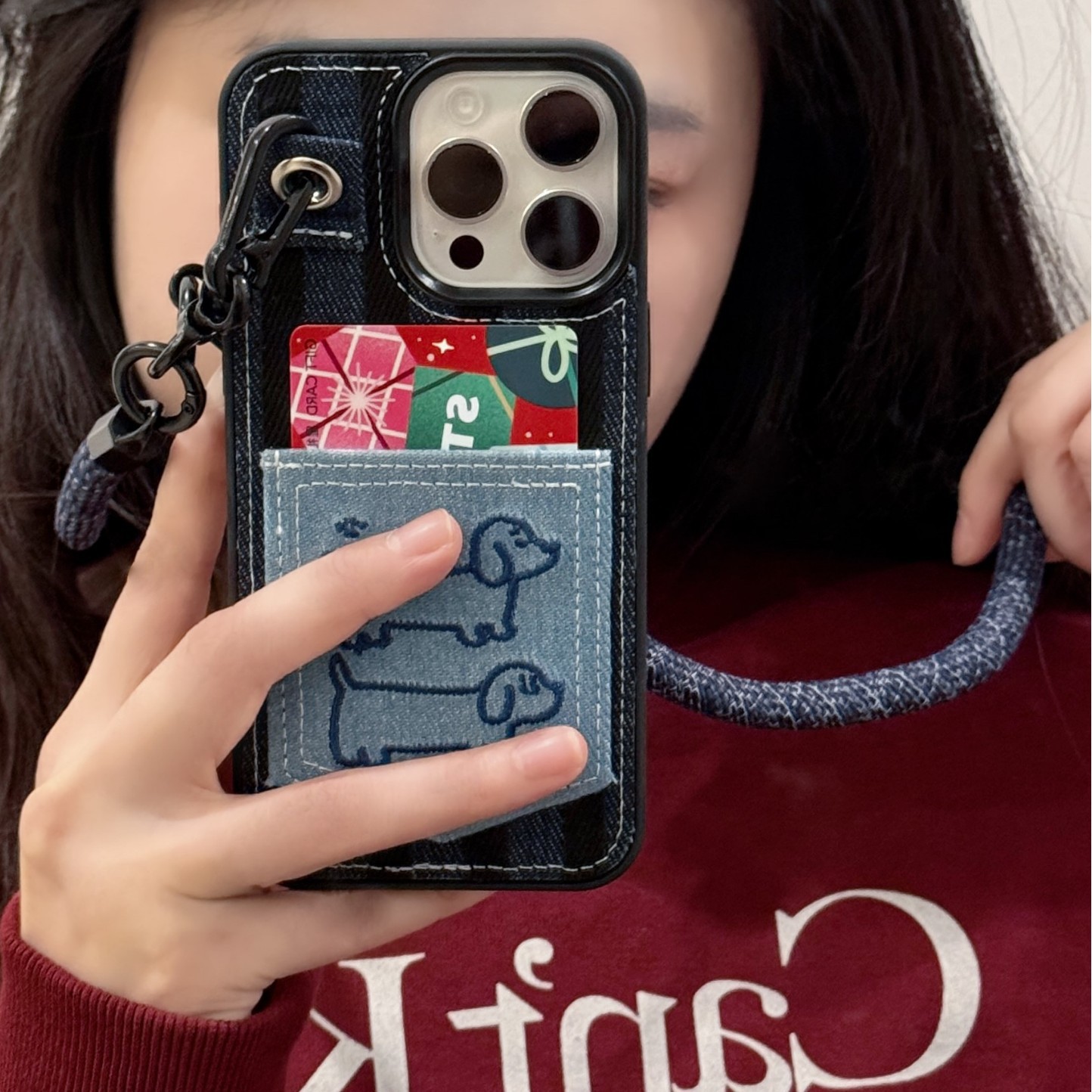 Estilo coreano denim azul bordado cachorro para iPhone16 Apple 15ProMax funda para teléfono móvil 16pro femenino 13/14
