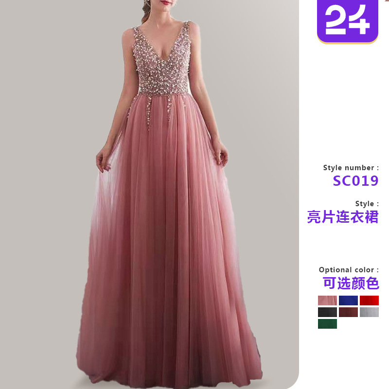 2026 New Cross-Border European and American Women's Fashion Wish Dress Deep V-Neck Sleeveless Slit Sequin Flowing Evening Gown