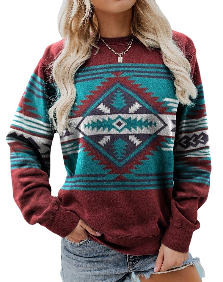 2021 el comercio exterior europeo y americano nueva ropa de mujer retro occidental étnico estampado geométrico suéter de mujer 6907