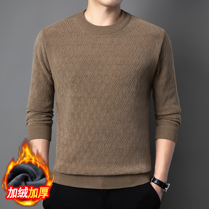中年男士毛衣加绒加厚保暖内衣圆领秋冬季卫衣打底针织衫爸爸装