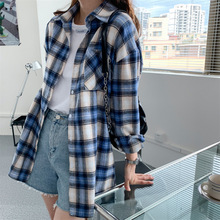 跨境新品女装韩版格纹衬衫宽松减龄小清新大码打底女上衣一件代发