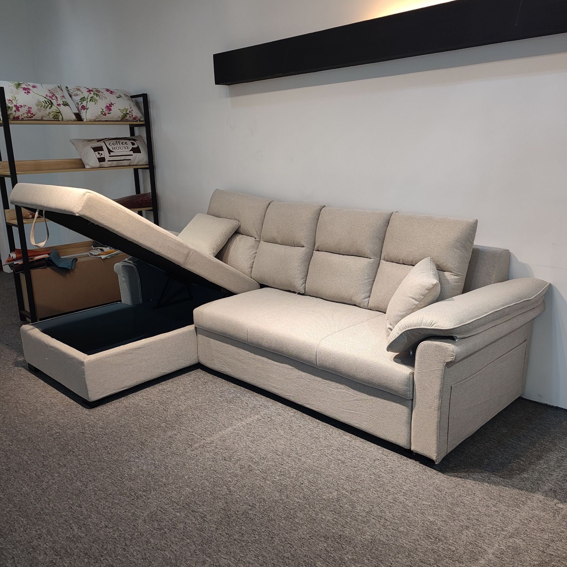 Sofá cama de tela tecnológica multifuncional de doble propósito tipo casa grande y pequeño con combinación de almacenamiento plegable de sofá cama con esquina