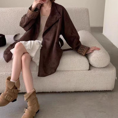 双色复古美拉德色系反绒麂皮小廓形韩系宽松秋季长袖风衣外套上衣