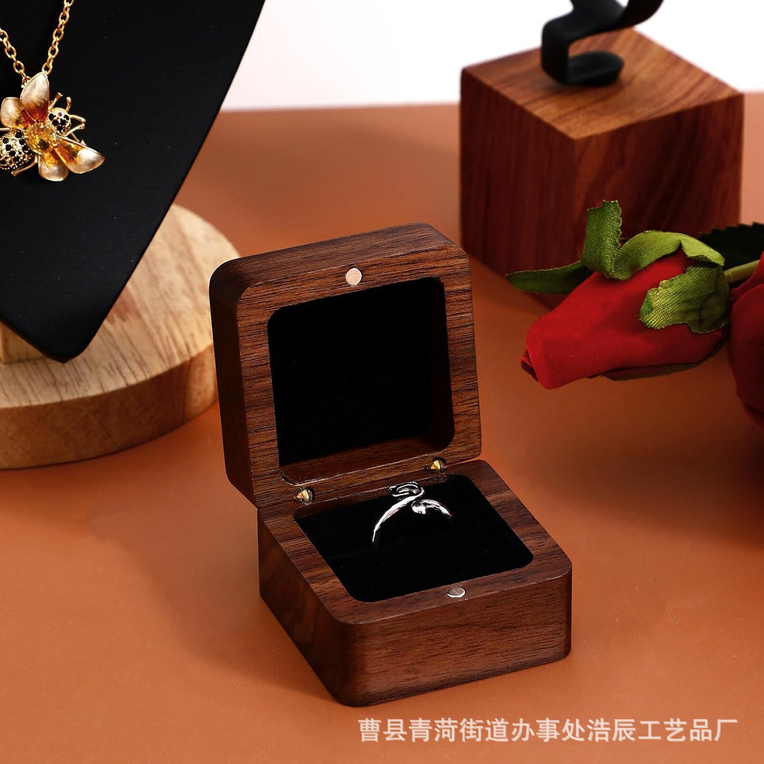 Caja de anillo de madera negra cuadrada caja de anillo de madera sólida joyería propuesta de boda caja de almacenamiento de anillo de diamantes caja de embalaje de pendientes image 3