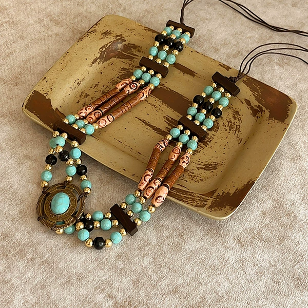 Turquoise Wooden Beads Bronze Medal Waist Chain - About 132CM