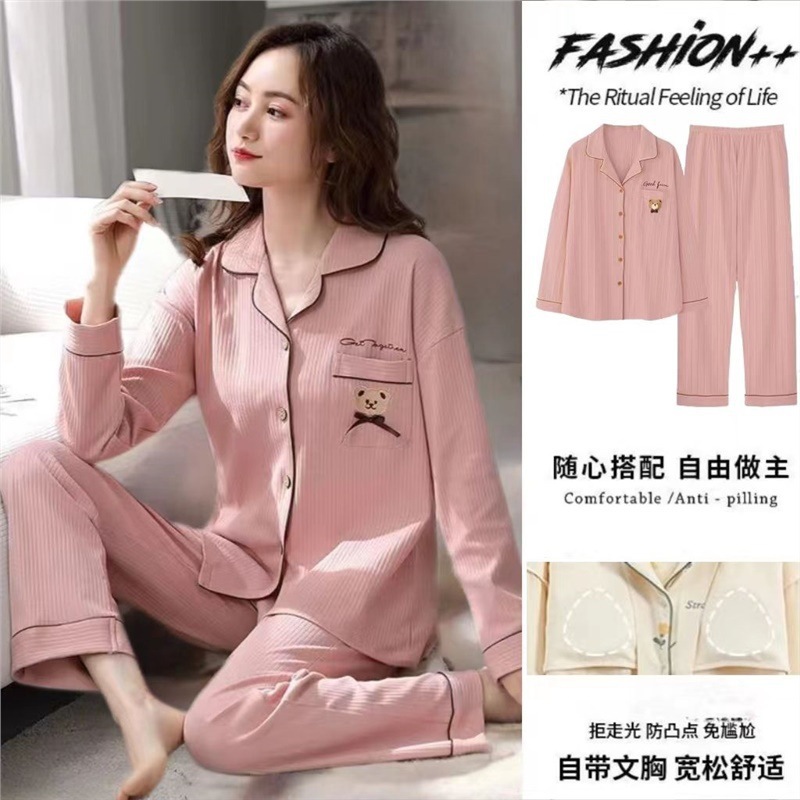 Pijamas de mujer 100% algodón 30-40-50 años con almohadilla en el pecho estilo coreano de manga larga para niña más tamaño Otoño e Invierno confinamiento