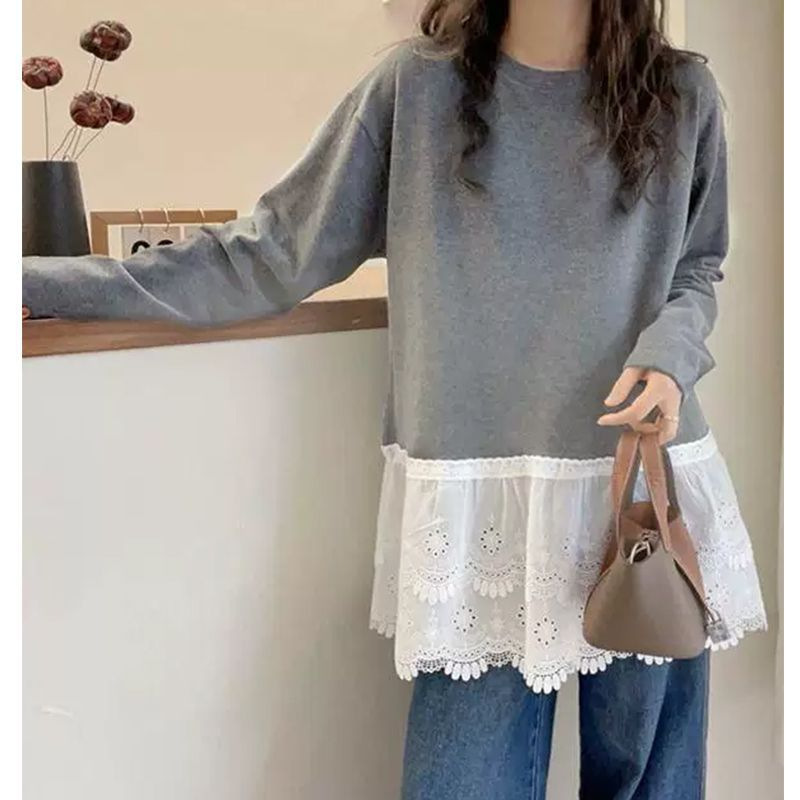 Pure Cotton Lace Layered White T-Shirt for Girls Autumn and Winter New Large Size Mid-Length Inner Layering Shirt Top