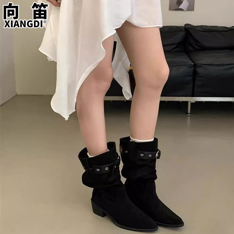 牛皮版褶皱堆堆靴子女牛仔靴尖头粗跟显瘦不过膝长靴辣妹风骑士靴|undefined