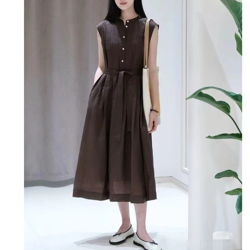 Ic25 New Summer Style French Literary Heavy Industry Ramie Plain Lace-Up Round Neck Sleeveless Dress