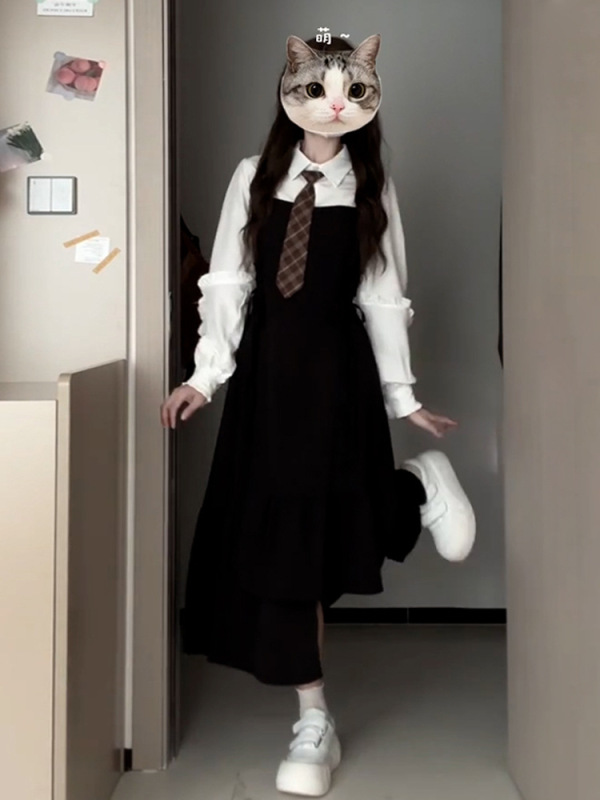 学院风高级感POLO领长袖衬衫春秋季连衣裙2025新款收腰背带裙套装|undefined