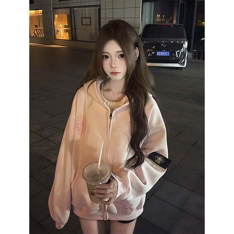 American retro embroidered Sanskrit relief sweatshirt for women, autumn loose design, niche couple's hooded cardigan jacket