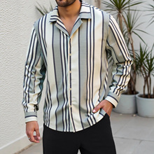 跨境亚马逊成熟男士复古条纹面料烧花的衬衫四季款休闲时尚服装