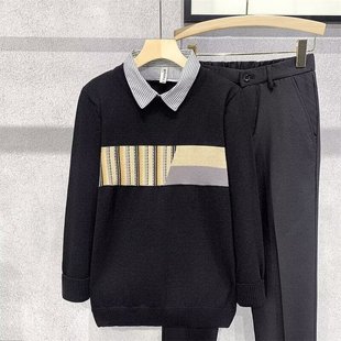 Autumn and Winter led Korean style trendy warm fake two-piece Men's sweater fleece-lined thickened shirt collar knitted bottoming shirt