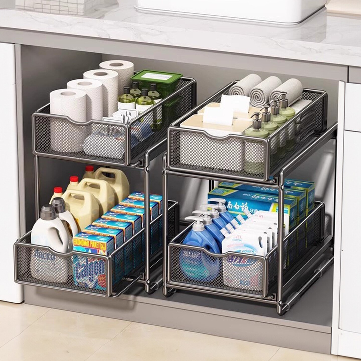 Stainless Steel Bathroom Under-Sink Storage Rack, Pull-Out Cabinet with Layered Shelves for Bathroom Vanity