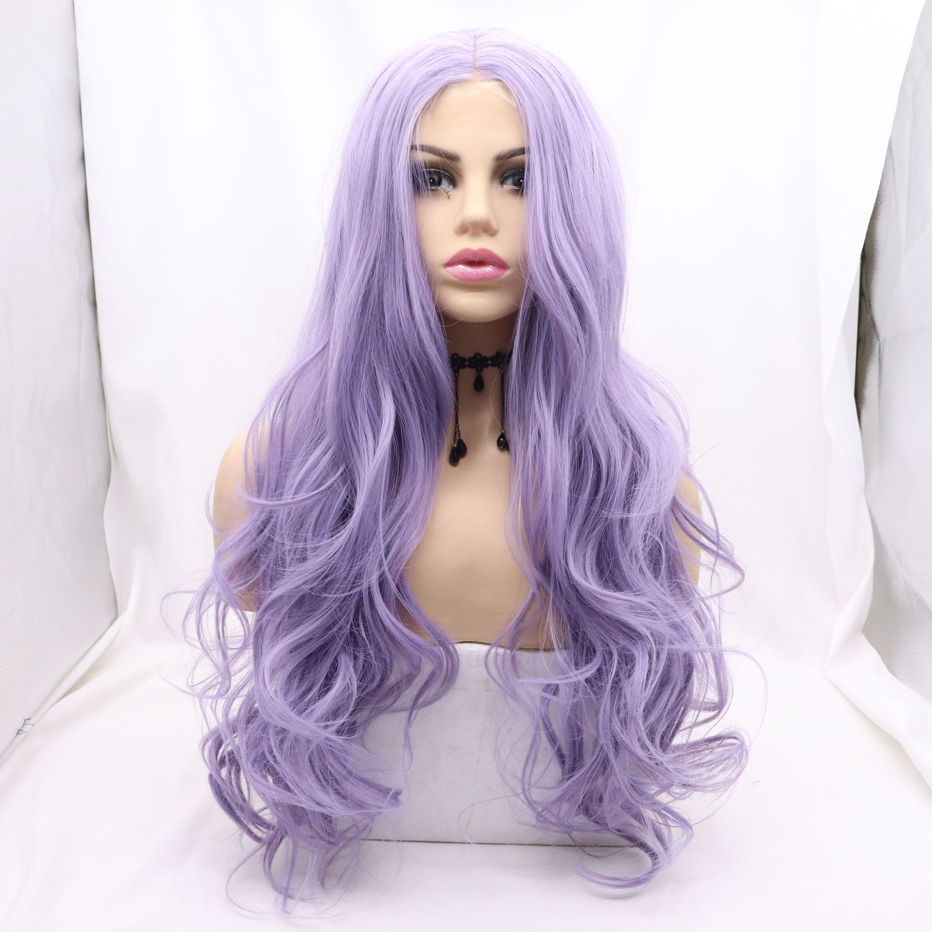 Purple matte curly wig with hair parting