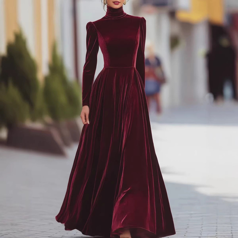 European and American Cross-Border Foreign Trade Women's Clothing Autumn and Winter Velvet High-Neck Puff Sleeve Waist-Cinching Large Hem Elegant Long Dress