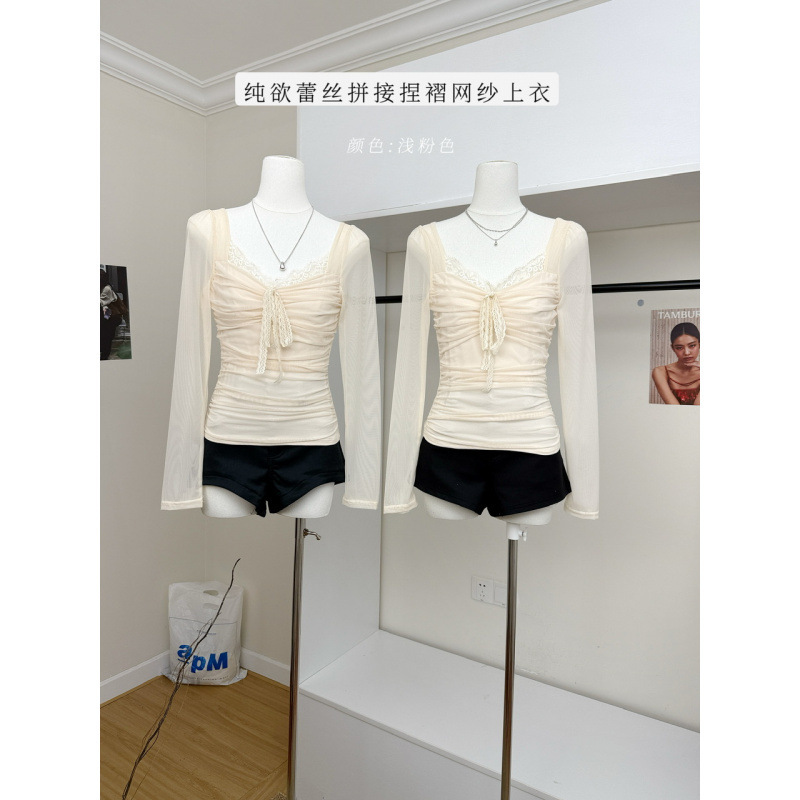 Xifengli 2026 Spring and Autumn New Style Gentle and Pure Desire Lace Patchwork Pleated Mesh Knitted Long Sleeve T-Shirt Top for Women