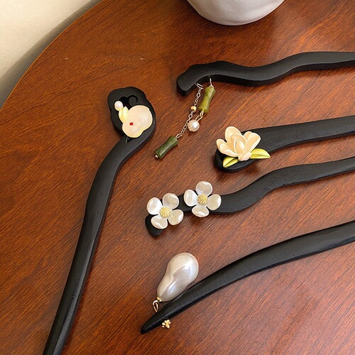 Hairpin New Chinese style antique wooden pearl step wooden hairpin hairpin high-end daily Hanfu hairpin headwear