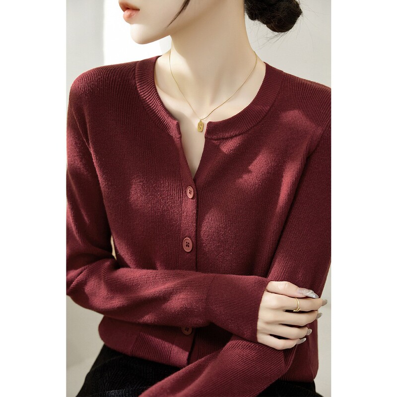 Light Purple Loose Long-Sleeved Knitted Cardigan Jacket for Women 2025 Season New Solid Color Versatile Top Round Neck Sweater