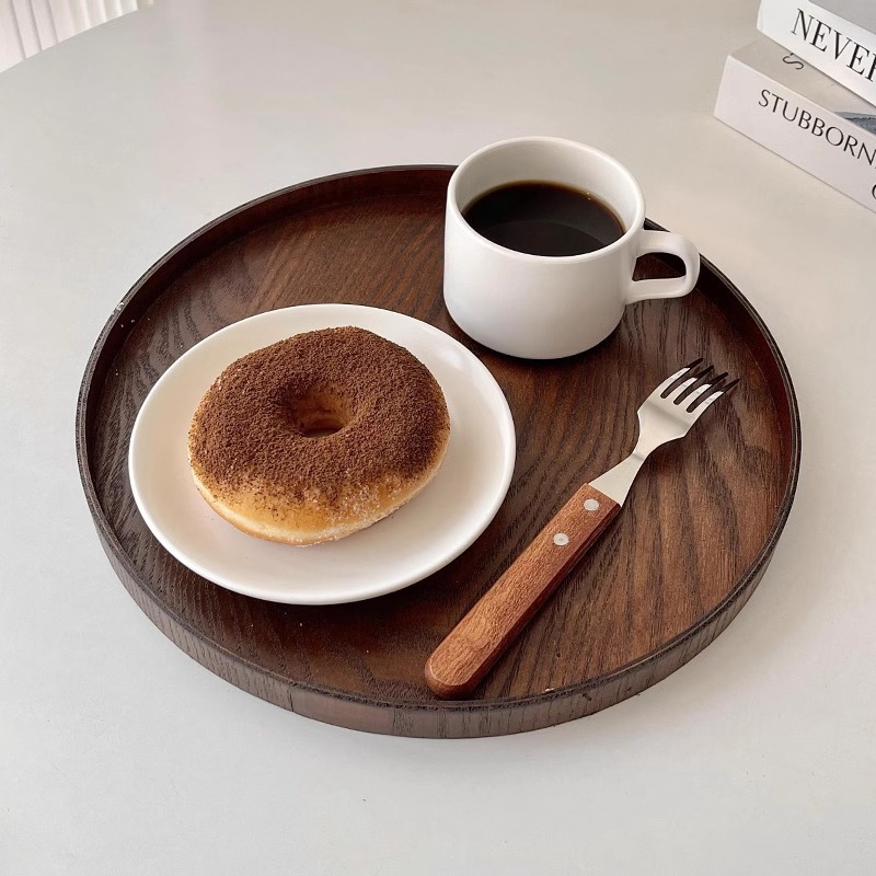 Round Wooden Tray Japanese Style Ins Style Wooden Dinner Plate Tea Tray Household Water Cup Storage Tray Cafe Cake Plate