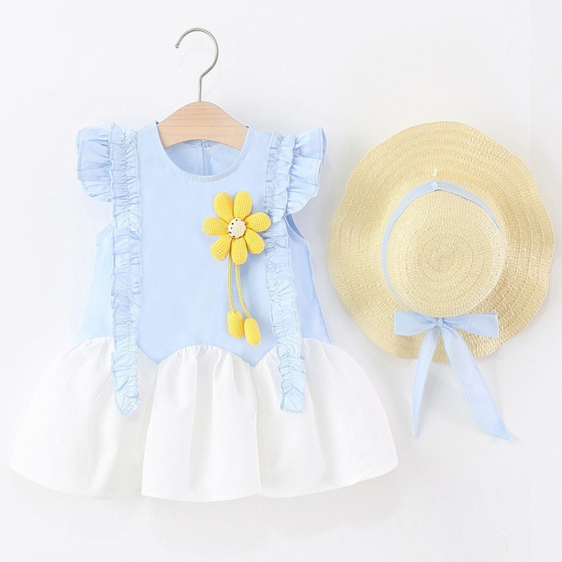 Girls Dress Summer New Korean Style Children's Style Skirt Sleeveless Baby Summer Princess Dress with Straw Hat