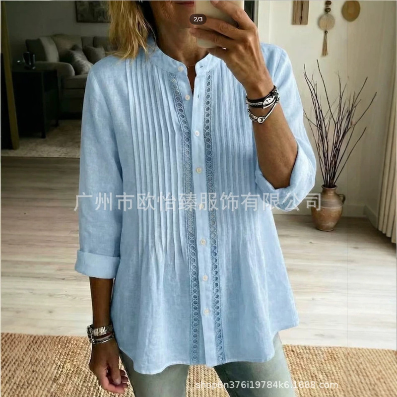 European and American Independent Websites Amazon Aliexpress 2026 Spring New Solid Color Casual Pleated Lace Patchwork Shirt European and American Independent Websites Amazon Aliexpress 2026 Spring New Solid Color Casual Pleated Lace Patchwork Shirt