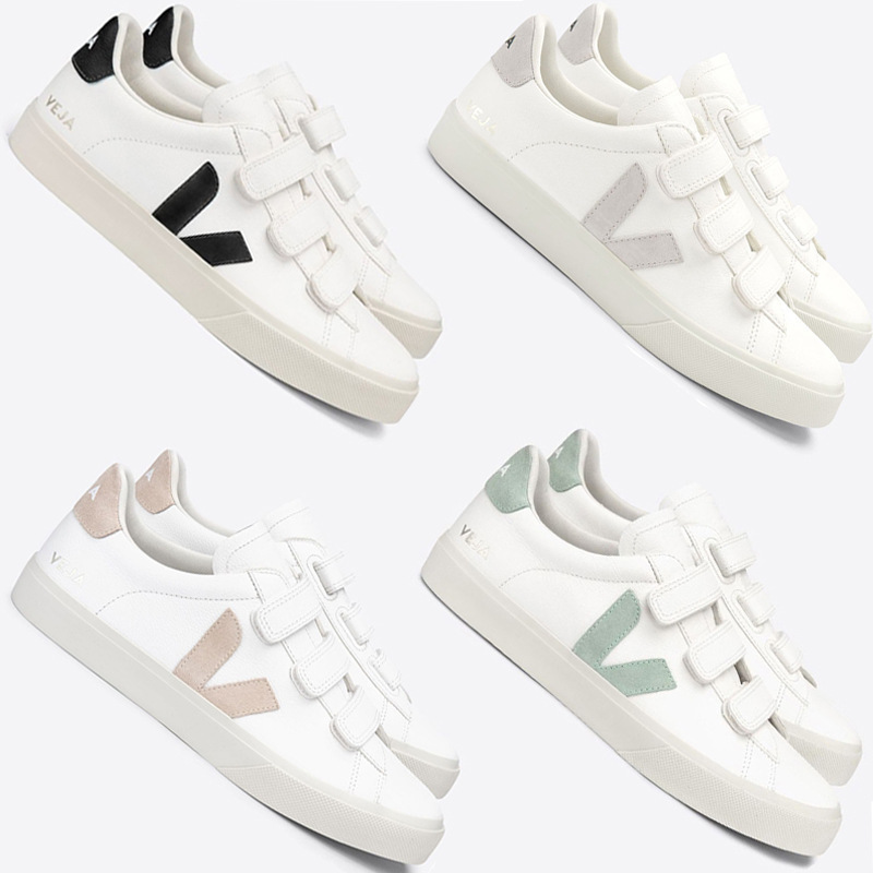 Recife Series Veja Velcro Genuine Leather White Shoes Women's Flats Shoes Couples Men's and Women's Shoes Moral Training Shoes 2025