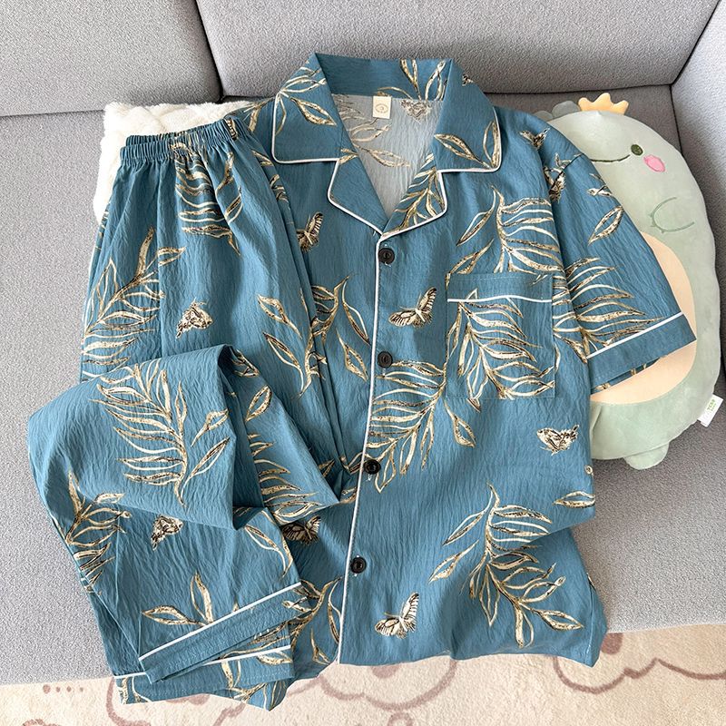 Verano hombre nube algodón corto y largo dos piezas conjunto de pijamas de moda simple con tapa cardigan ropa de hogar se puede usar fuera delgada