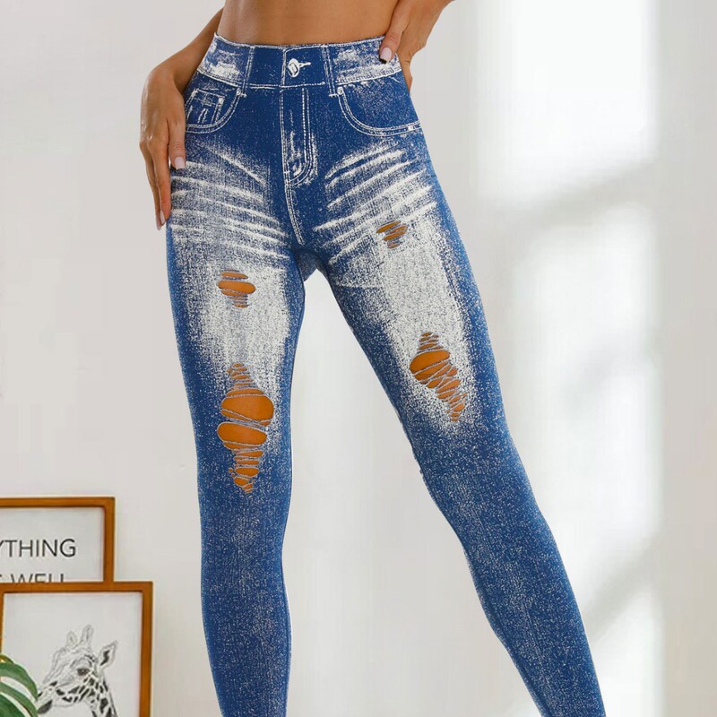 European and American Cross-Border Special Supply of Ripped Lightweight Imitation Denim Sports Yoga Pants Seamless High-Elastic Running Pants for Women