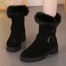 真兔毛短靴女冬季2023新款加絨棉鞋粗跟厚絨雪地靴舒適中跟毛毛靴