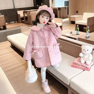 Girls' Woolen Outwear Winter 2024 New Style Kidsren's Cute Mid-Length Quilted Warm Woolen Outwear Trendy